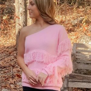 Pink Fringe One Shoulder Sweater/Medium